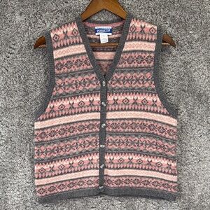 Vintage Pendleton Lambswool Knit Cardigan Sweater Vest Pink Gray Nordic Medium